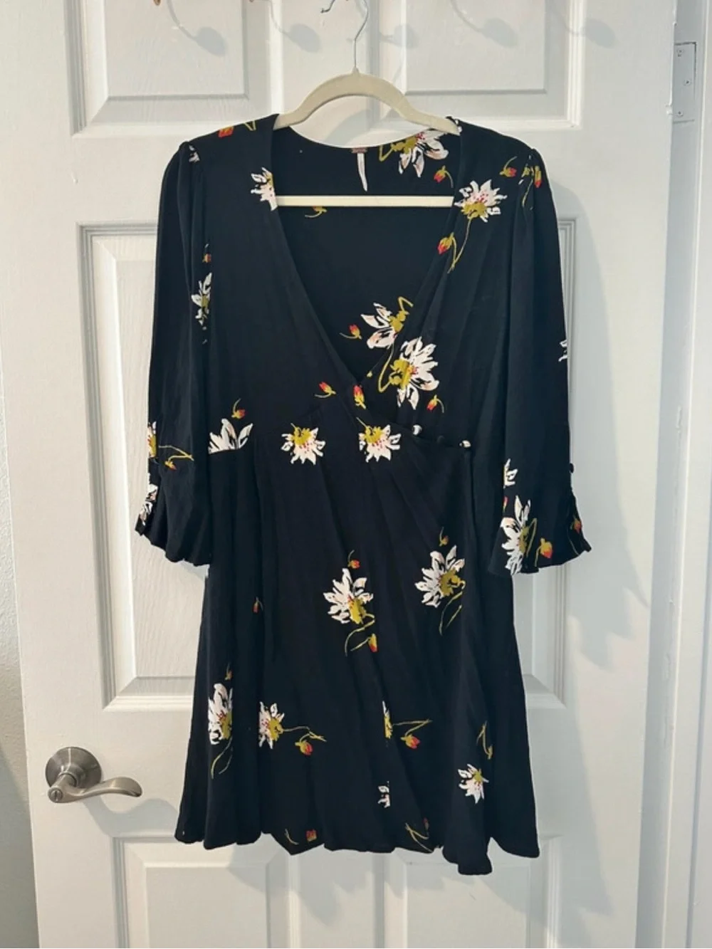 Free People Black Floral Wrap Mini Dress Size M